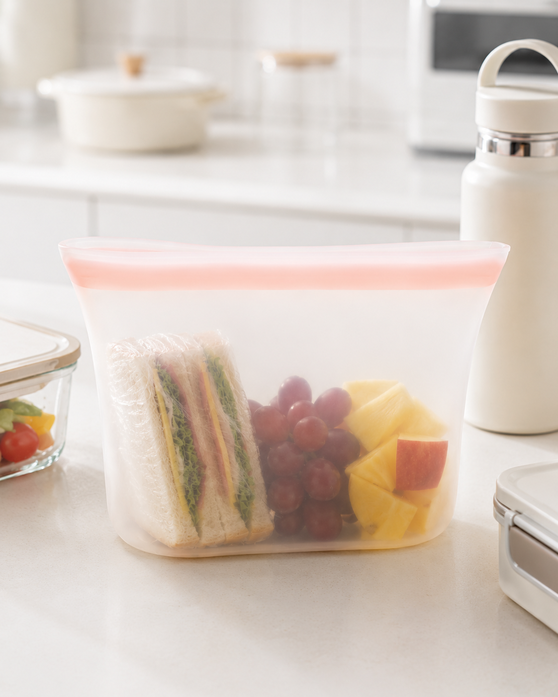 Silicone storage bag with prepared food and fruit